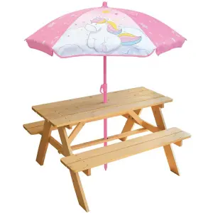 Wooden picnic table with girl's parasol Fun House Licorne image-0