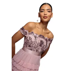 Robe con volantes y festones de malla mujer Goddiva Bardot Maxi image-2
