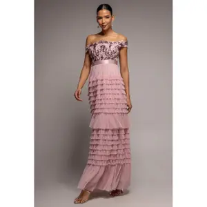 Robe con volantes y festones de malla mujer Goddiva Bardot Maxi image-0