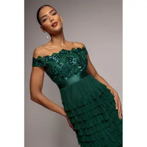 Robe con volantes y festones de malla mujer Goddiva Bardot Maxi image-1