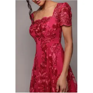 Robe moulante midi asymétrique en dentelle brodée à col festonné femme Goddiva image-2