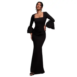 Langærmet tætsiddende kjole med flæser og bærestrop kvinde Goddiva