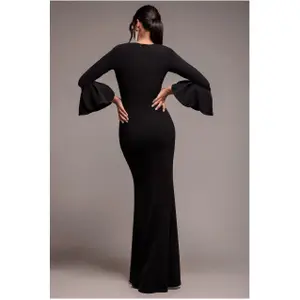 Langærmet tætsiddende kjole med flæser og bærestrop kvinde Goddiva image-2