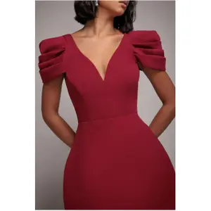 Women's Mini Bodycon Neoprene Dress with Deep V-Neck and Pleated Sleeves Goddiva image-2