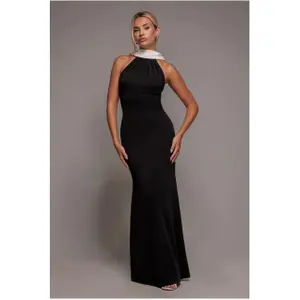 Contrast Crepe Halter Dress with Belt Women Goddiva