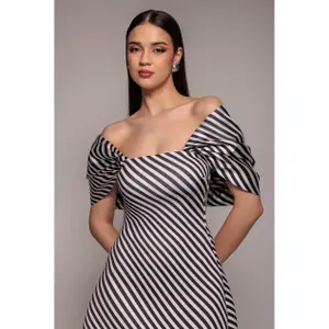 Robe moulante corta rayada con hombros descubiertos y lazo en la espalda de satén mujer Goddiva image-1