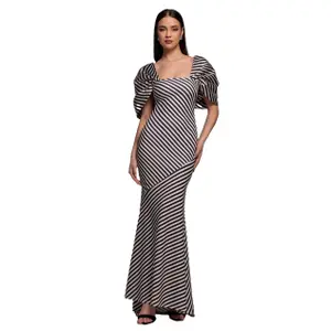 Striped Long Fitted Dress with Off-the-Shoulder and Satin Bow at the Back Women Goddiva image-0