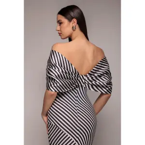 Striped Long Fitted Dress with Off-the-Shoulder and Satin Bow at the Back Women Goddiva image-3