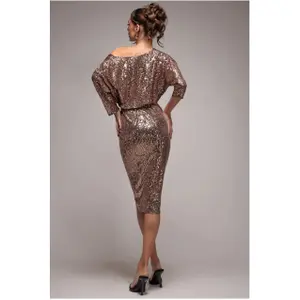 Draped cowl neck dress with sequins for women Goddiva Midi image-1