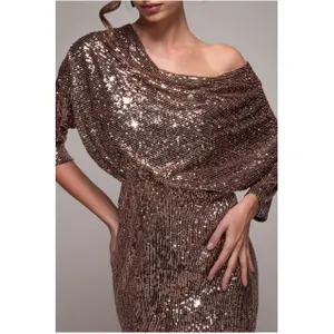 Draped cowl neck dress with sequins for women Goddiva Midi image-2