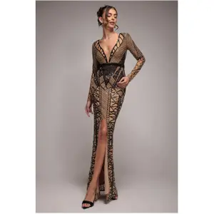 Vestito da donna Goddiva Geometric Sequin Plunge Maxi image-1