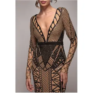 Vestito da donna Goddiva Geometric Sequin Plunge Maxi image-3