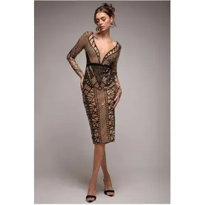 Damesjurk Goddiva Geometric Sequin Plunge Midi image-1