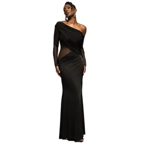 Asymmetrical dress with draped gathered neckline for women Goddiva Maxi