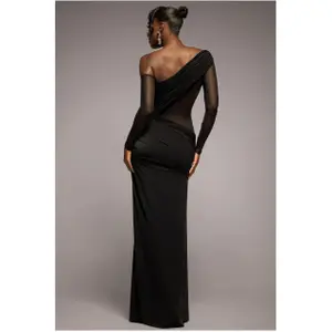 Asymmetrical dress with draped gathered neckline for women Goddiva Maxi image-1