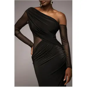 Asymmetrical dress with draped gathered neckline for women Goddiva Maxi image-2