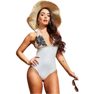 Badeanzug Einteiler Rückenfrei Bestickt Blume Damen Goddiva