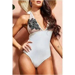 Badeanzug Einteiler Rückenfrei Bestickt Blume Damen Goddiva image-3