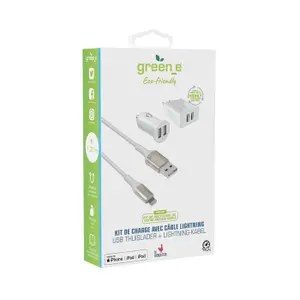 Chargeur voiture et secteur 2 USB alu Fast Charge et câble MFi Green_e image-1