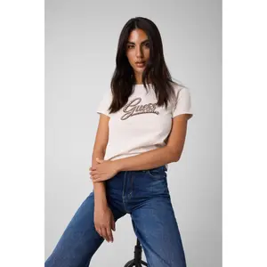 Embroidered Round Neck T-Shirt for Women Guess Script Logo 3D image-2