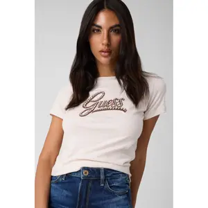Embroidered Round Neck T-Shirt for Women Guess Script Logo 3D image-5