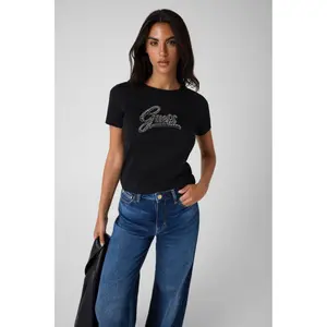 Embroidered Round Neck T-Shirt for Women Guess Script Logo 3D image-2
