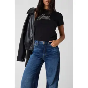Embroidered Round Neck T-Shirt for Women Guess Script Logo 3D image-5