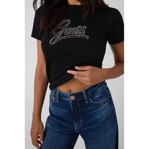 Embroidered Round Neck T-Shirt for Women Guess Script Logo 3D image-6