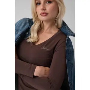 T-shirt maniche lunghe a V e mini logo donna Guess image-4