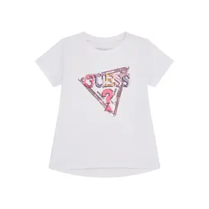 Baby girl stretch t-shirt with sequin triangle logo Guess image-0