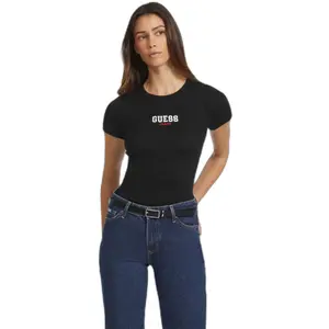 T-shirt slim de malha canelada bordado para mulher Guess image-1