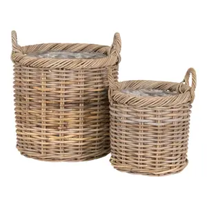 Round Kubu rattan storage basket with handles and plastic interior. House Nordic Gili (x2)