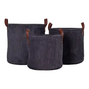 Set of 3 round corduroy storage baskets with handles, grey House Nordic Augusta image-0