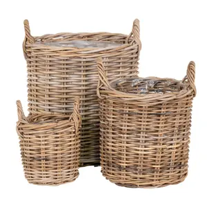 Kubu rattan storage basket with handles and plastic lining, round House Nordic Sema (x3) image-0