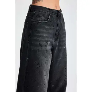 Jeans Loose Graphit Hüfthoch Damen It's Basic Rhinestone image-4