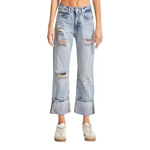 Mid-Rise Folded Hem Straight Jeans Women It's Basic image-0