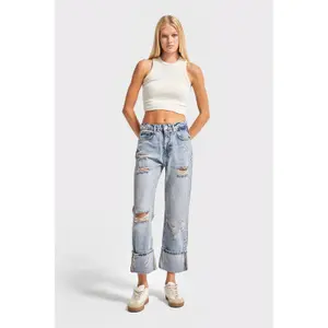 Mid-Rise Folded Hem Straight Jeans Women It's Basic image-1