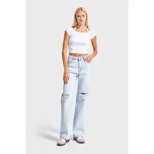 High Waist Straight Jeans mit zerrissenen Knie-Details Damen It's Basic image-1