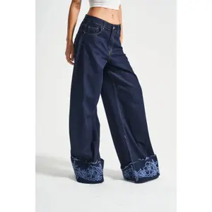 High-Waisted Wide Leg Jeans with Floral Embroidery Women It's Basic image-3