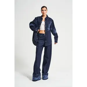 High-Waisted Wide Leg Jeans with Floral Embroidery Women It's Basic image-1