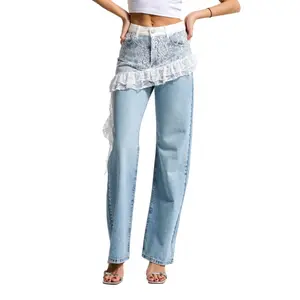 Women's High-Waisted Straight Jeans It's Basic Lace image-0