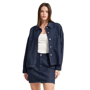 Women’s Oversized Pinstripe Denim Jacket It's Basic image-0