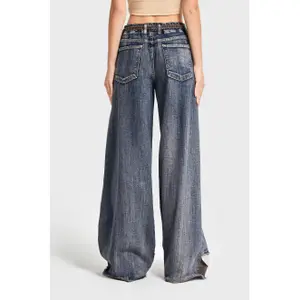 Palazzo Jeans Weite Beinform Hohe Taille mit subtilen dekorativen Details Baumwolle rigid Damen It's Basic image-2