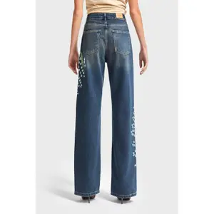 High-Waisted Straight Jeans with Delicate Floral Embroidery Women It's Basic image-1