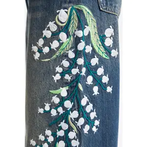 High-Waisted Straight Jeans with Delicate Floral Embroidery Women It's Basic image-4