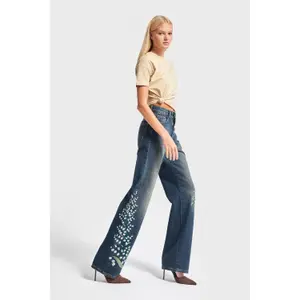 High-Waisted Straight Jeans with Delicate Floral Embroidery Women It's Basic image-3