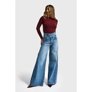 Palazzo Wide Leg Jeans Clean and Structured Mid-Rise Women's It's Basic image-1