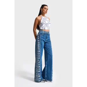 Mid-Rise Flared Jeans Women It's Basic Rhinestone image-1