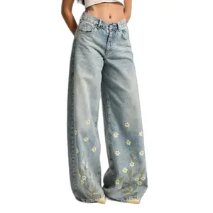 Jeans Palazzo Wide Leg vita media con elegante ricamo floreale donna It's Basic image-0