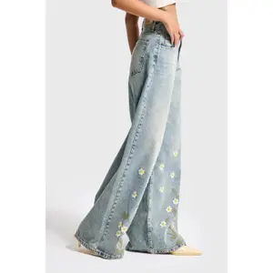 Jeans Palazzo Wide Leg vita media con elegante ricamo floreale donna It's Basic image-3